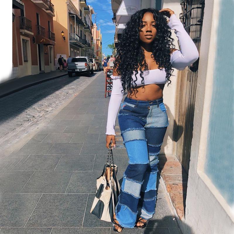 Women's Patchwork Pants Hight Waist Straight Denim Jeans