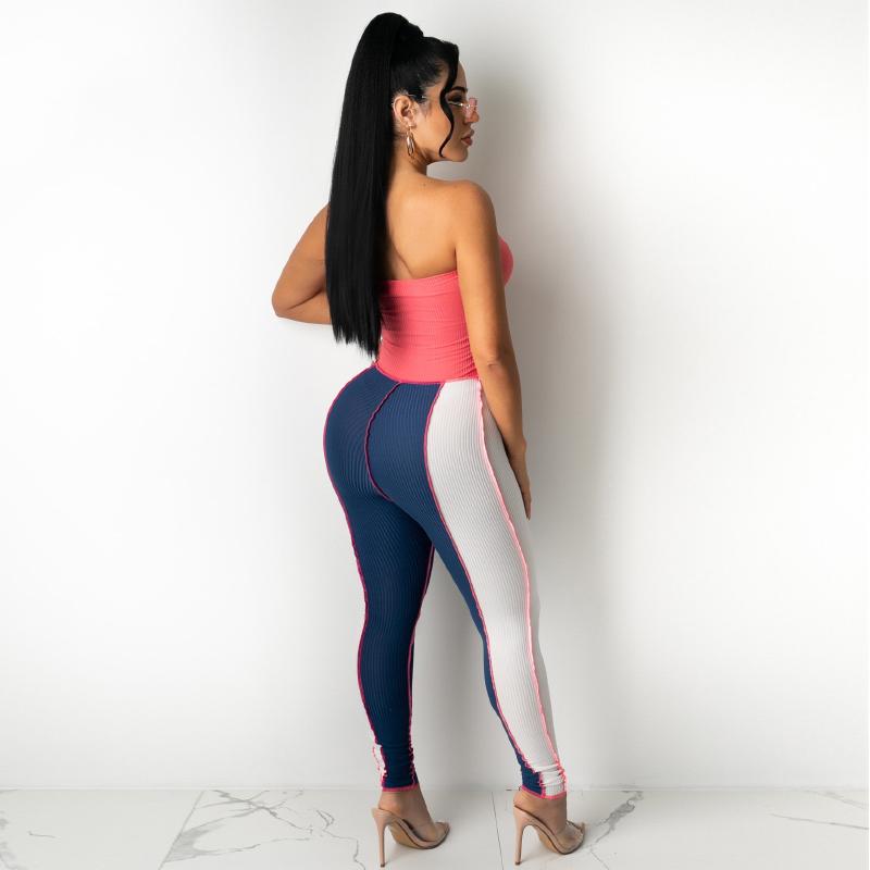 Strapless Contrast Color Long Jumpsuits Womens Sexy Hollow Out Bandage