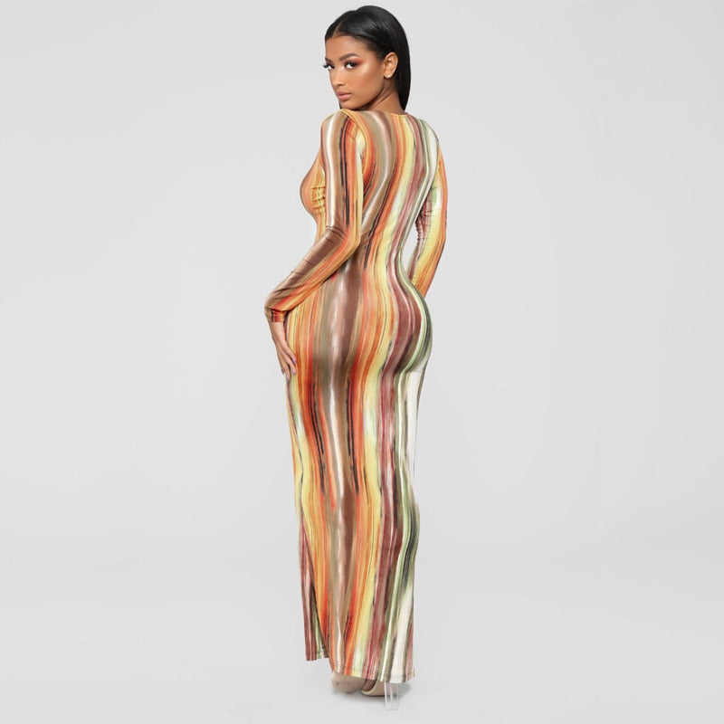 Fashion Long Sleeve Dress Women Tie Dye Print Maxi Dress Stripe Sexy V