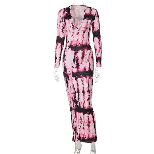 Fashion Long Sleeve Dress Women Tie Dye Print Maxi Dress Stripe Sexy V