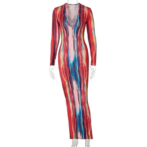 Fashion Long Sleeve Dress Women Tie Dye Print Maxi Dress Stripe Sexy V