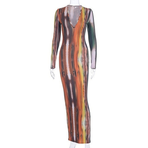 Fashion Long Sleeve Dress Women Tie Dye Print Maxi Dress Stripe Sexy V