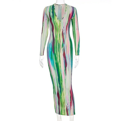 Fashion Long Sleeve Dress Women Tie Dye Print Maxi Dress Stripe Sexy V
