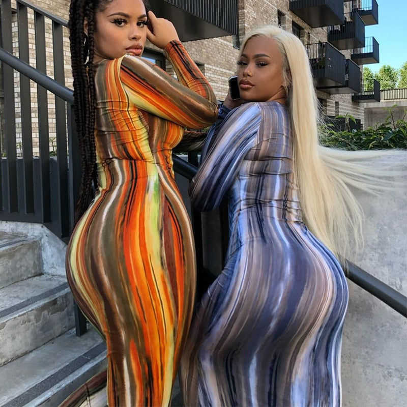 Fashion Long Sleeve Dress Women Tie Dye Print Maxi Dress Stripe Sexy V