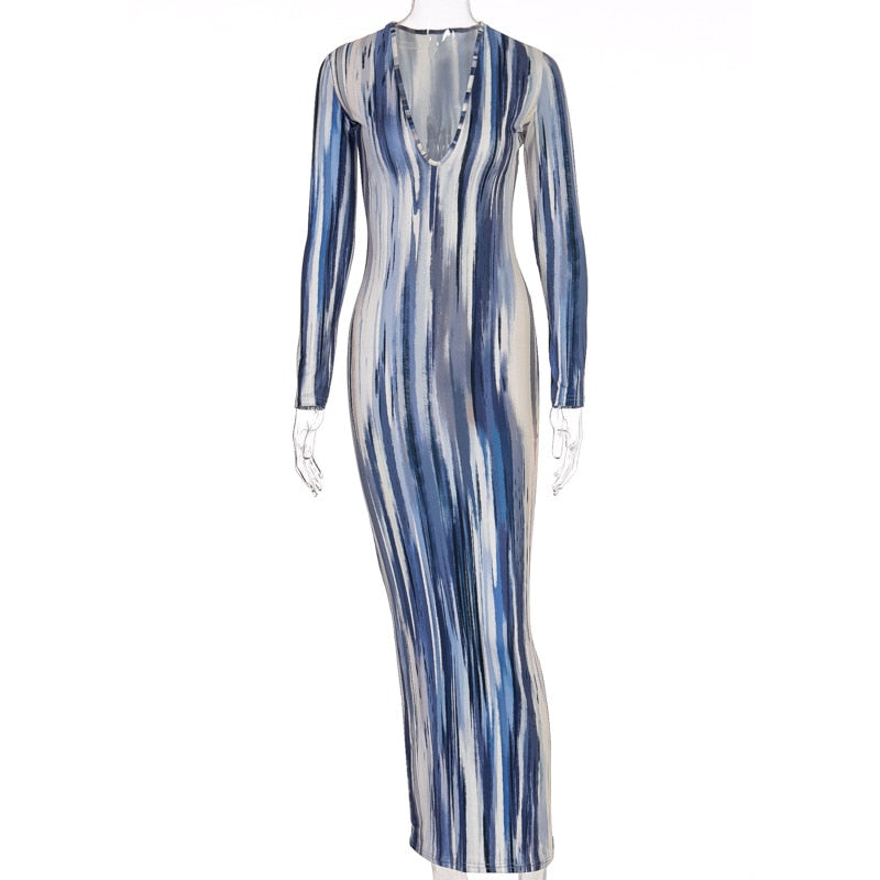 Fashion Long Sleeve Dress Women Tie Dye Print Maxi Dress Stripe Sexy V
