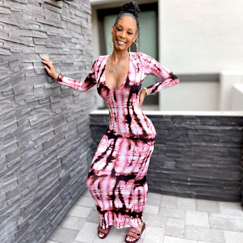 Fashion Long Sleeve Dress Women Tie Dye Print Maxi Dress Stripe Sexy V