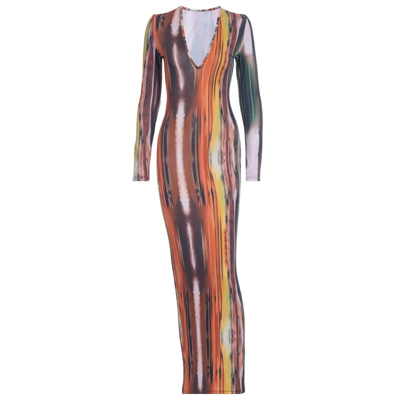 Fashion Long Sleeve Dress Women Tie Dye Print Maxi Dress Stripe Sexy V