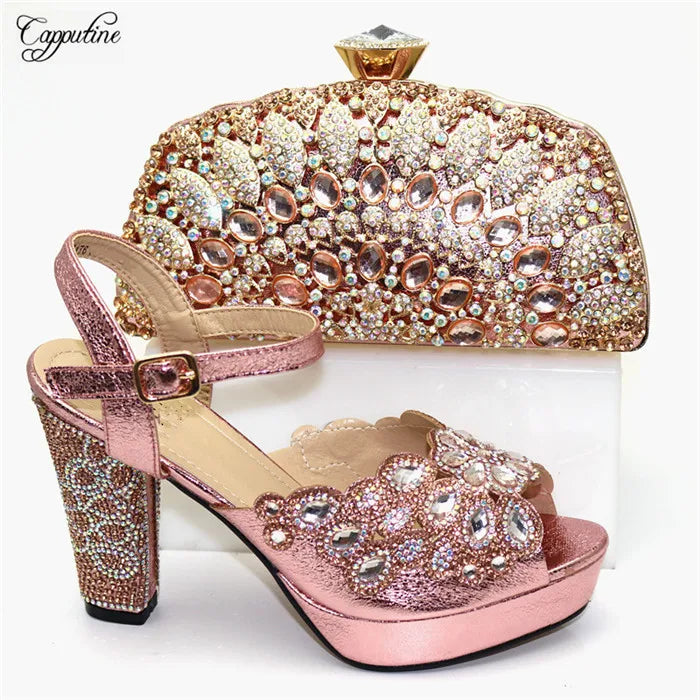 Fashion Gold High Heels Shoes And Purse Bag Set Woman Luxury Sandals