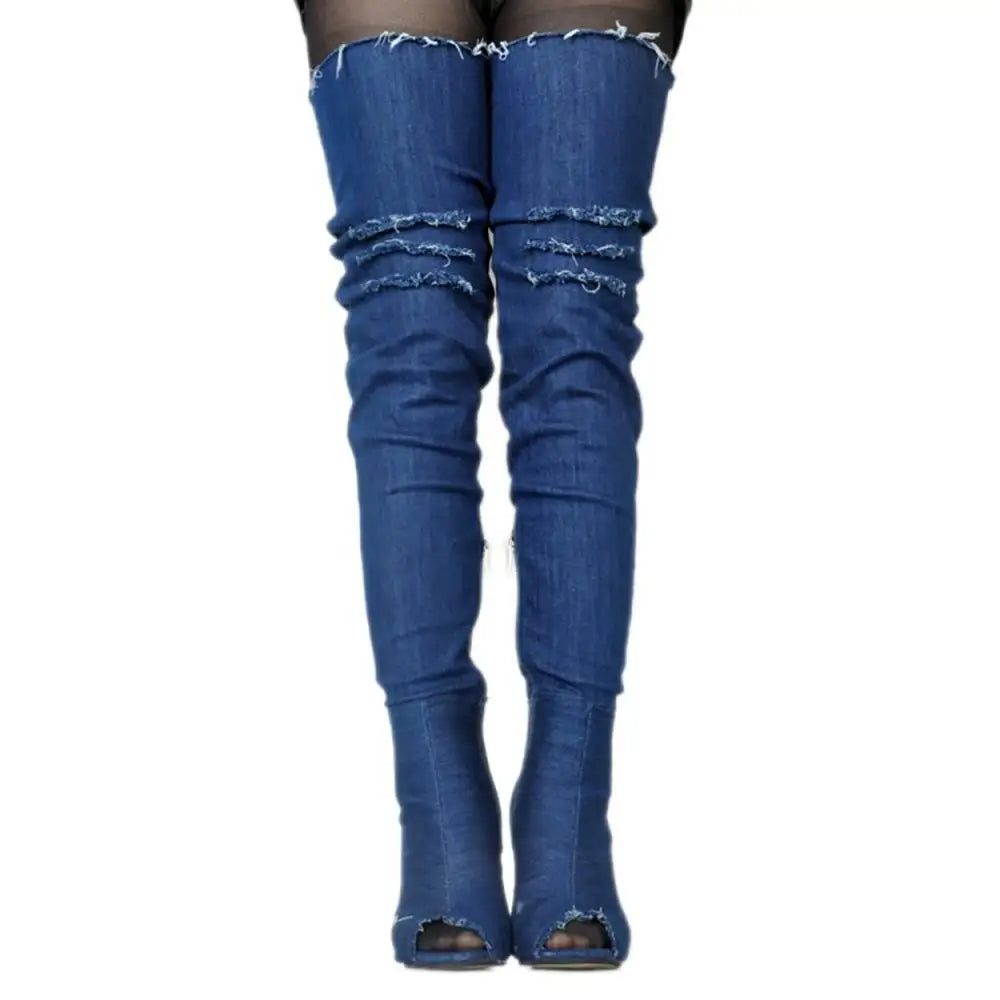 ASHIOFU Handmade Women Thigh High Boots Peep-toe Sexy Stocking Over