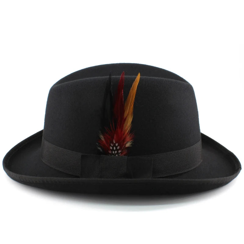 Men Women Wool Blend Classical Homburg Hats Feather Band Fedora Caps