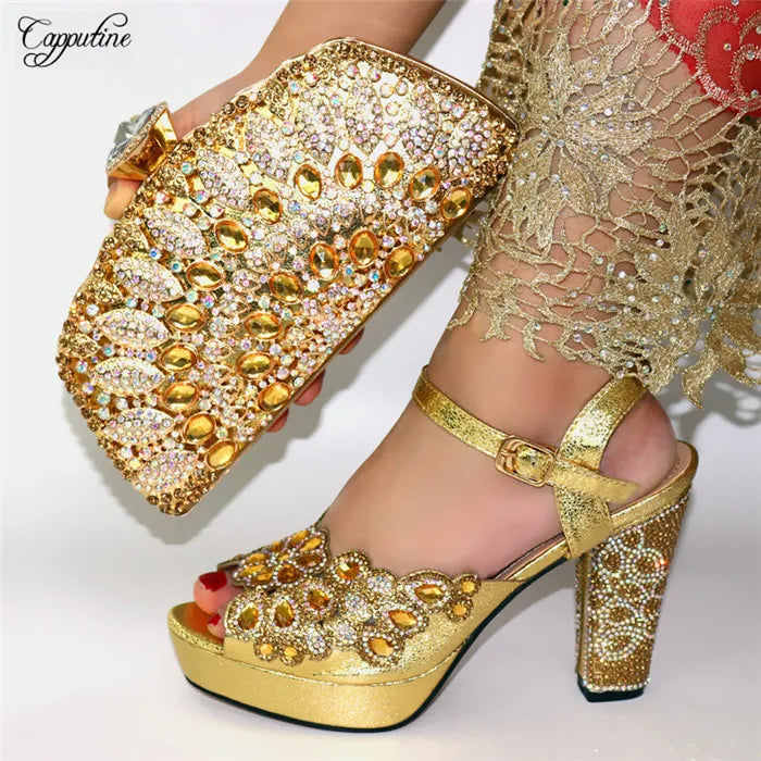 Fashion Gold High Heels Shoes And Purse Bag Set Woman Luxury Sandals