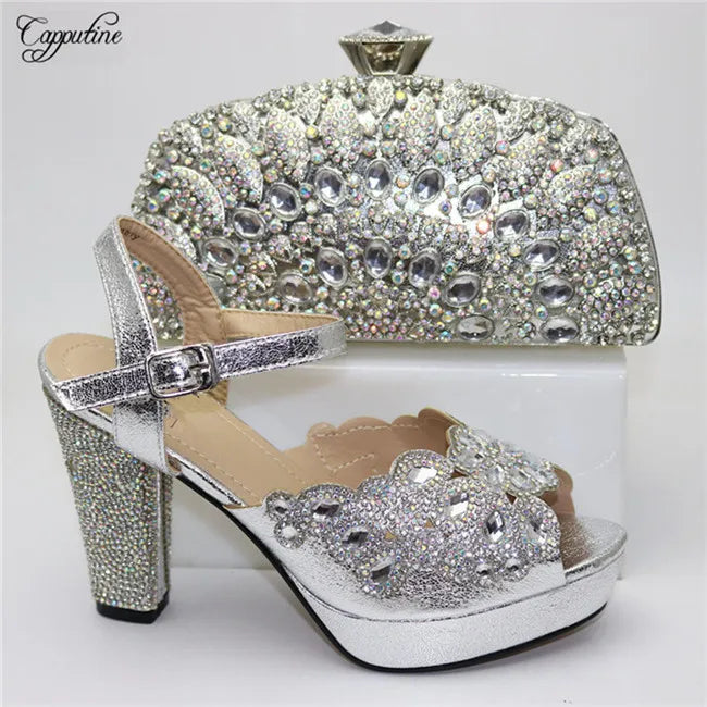 Fashion Gold High Heels Shoes And Purse Bag Set Woman Luxury Sandals