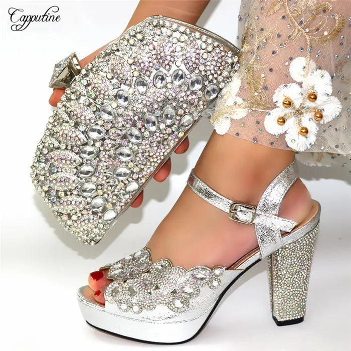 Fashion Gold High Heels Shoes And Purse Bag Set Woman Luxury Sandals