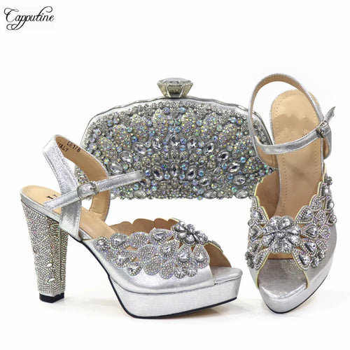 Fashion Gold High Heels Shoes And Purse Bag Set Woman Luxury Sandals