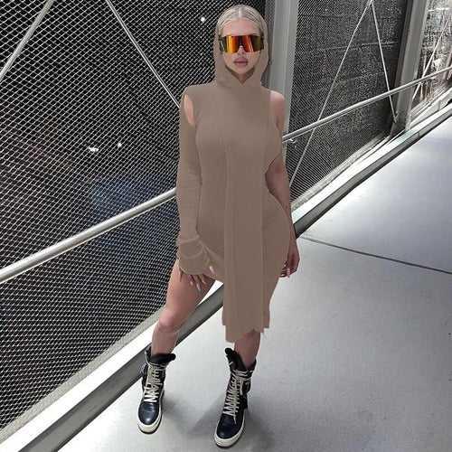 Simenual One Sleeve Knit Asymmetric Midi Dresses Skinny Ribbed Hooded