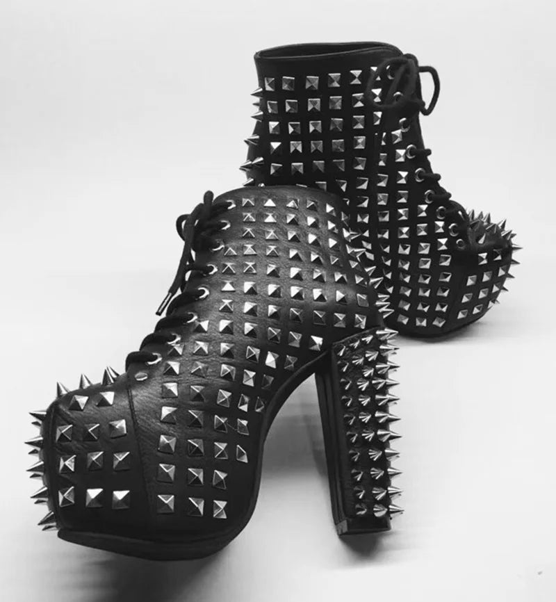 Fashion Genuine Leather Women Black Ankle Boots Platform Spike