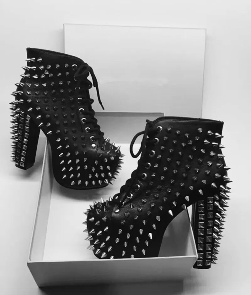 Fashion Genuine Leather Women Black Ankle Boots Platform Spike