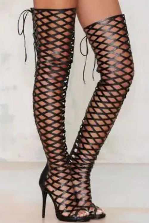 Black leather hollow out thigh high boots back zipper lace up