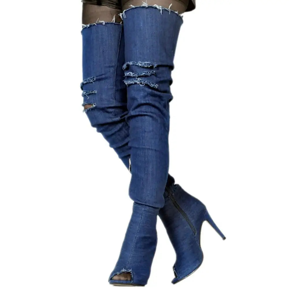 ASHIOFU Handmade Women Thigh High Boots Peep-toe Sexy Stocking Over