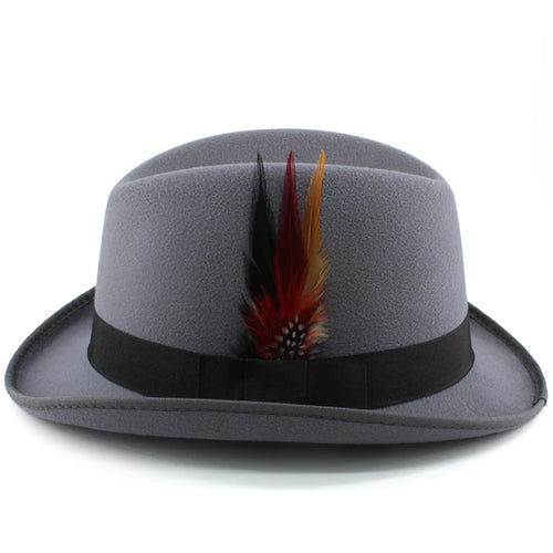 Men Women Wool Blend Classical Homburg Hats Feather Band Fedora Caps