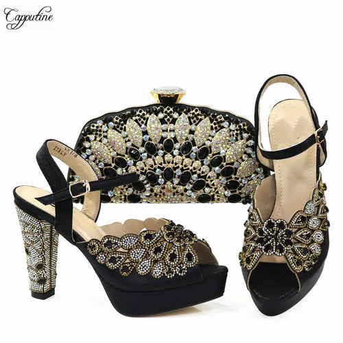 Fashion Gold High Heels Shoes And Purse Bag Set Woman Luxury Sandals