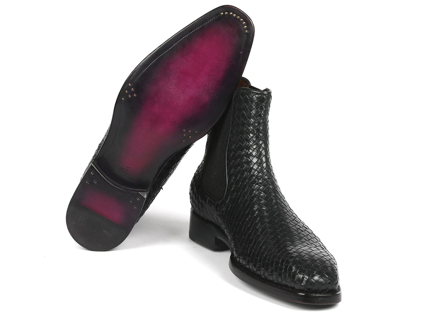 Paul Parkman Black Woven Leather Chelsea Boots