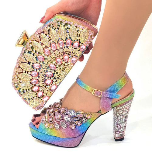 Fashion Gold High Heels Shoes And Purse Bag Set Woman Luxury Sandals