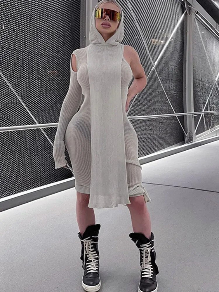 Simenual One Sleeve Knit Asymmetric Midi Dresses Skinny Ribbed Hooded