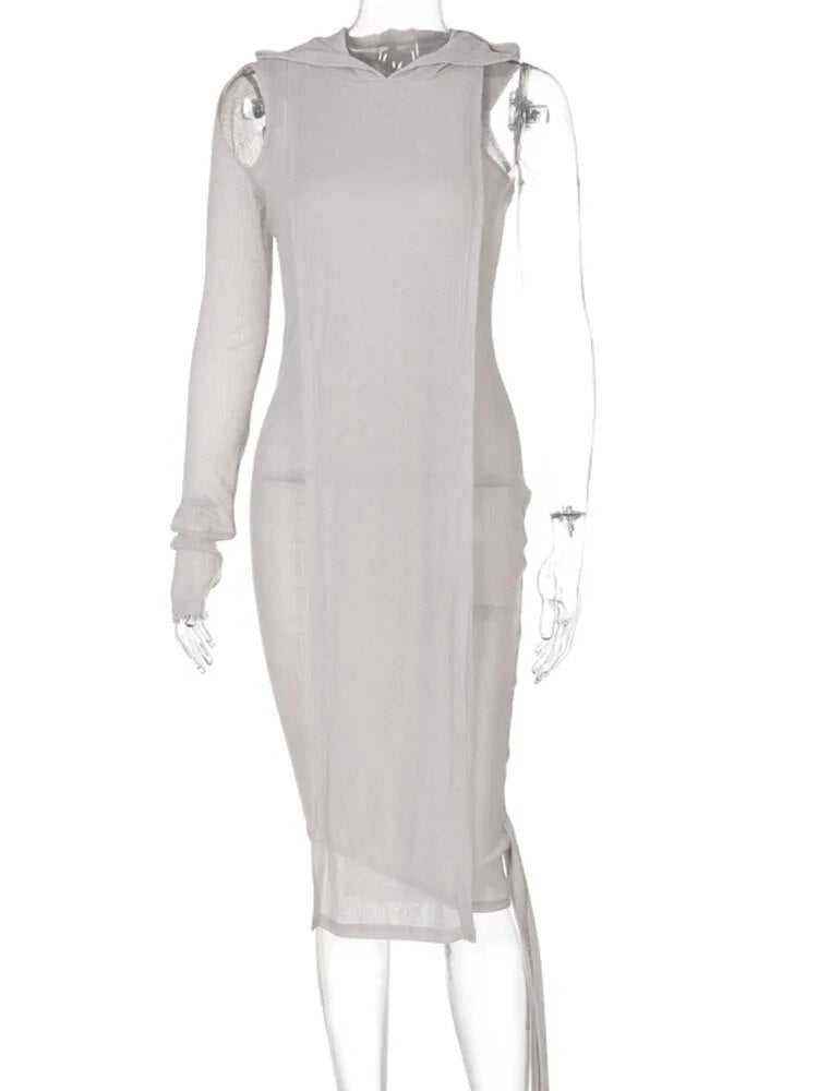 Simenual One Sleeve Knit Asymmetric Midi Dresses Skinny Ribbed Hooded