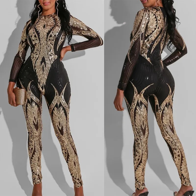 Sexy Gold Sequin Jumpsuit Women Bodycon Overalls Glitter Bandage