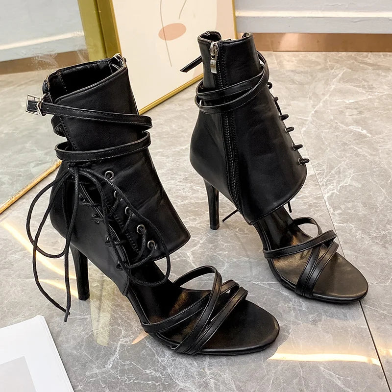 Roman Buckle Strap Shoes Women Sandals Sexy Gladiator Lace Up Peep Toe