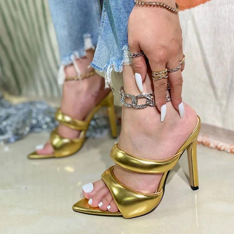 Sexy Pointed Toe One Strap Gold Plated Heeled Slippers Women