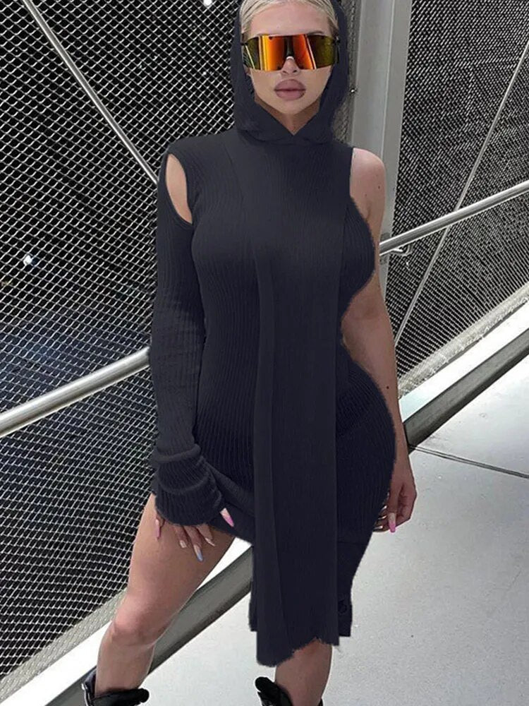 Simenual One Sleeve Knit Asymmetric Midi Dresses Skinny Ribbed Hooded