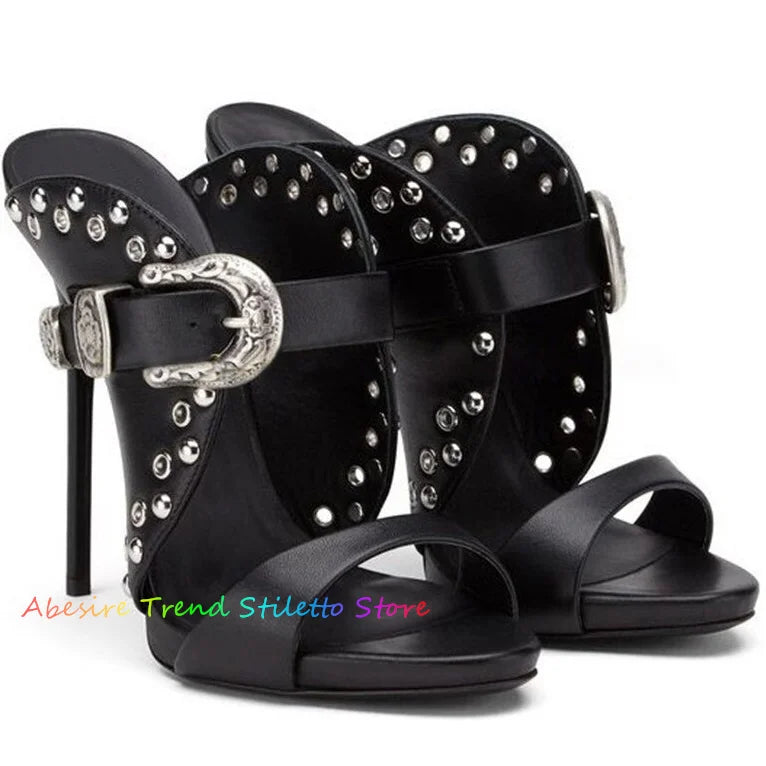 Black Sexy Open Toe Buckle Straps Rivets Stilettos Women Sexy Thin