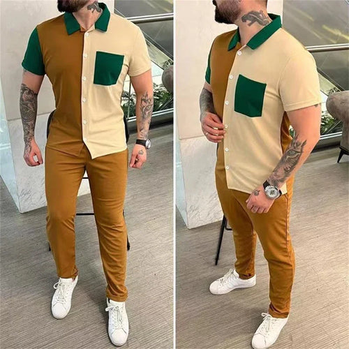 Sports Two Piece Set Mens Outfits Fashion Patchwork Shirt and Pants
