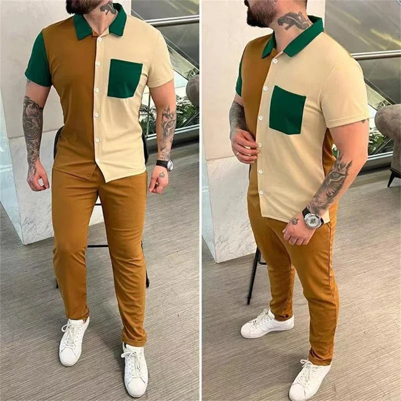 Sports Two Piece Set Mens Outfits Fashion Patchwork Shirt and Pants