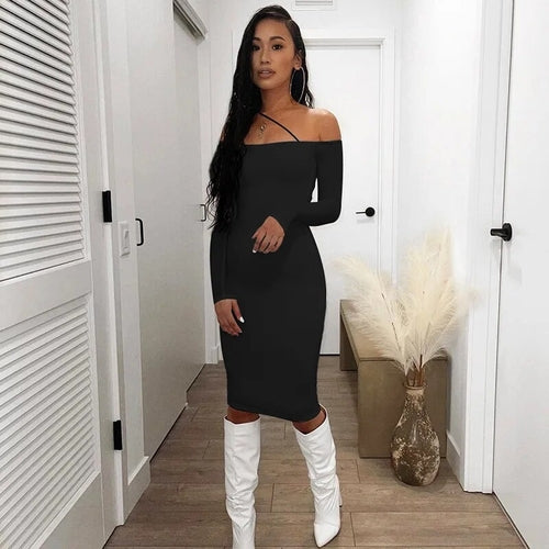 One Shoulder Backless Midi Dress Sexy Pink Dresses Ladies Black