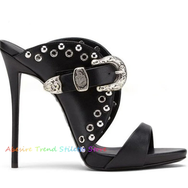 Black Sexy Open Toe Buckle Straps Rivets Stilettos Women Sexy Thin