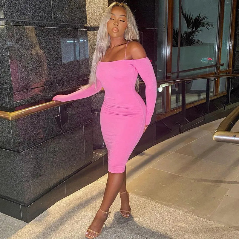 One Shoulder Backless Midi Dress Sexy Pink Dresses Ladies Black