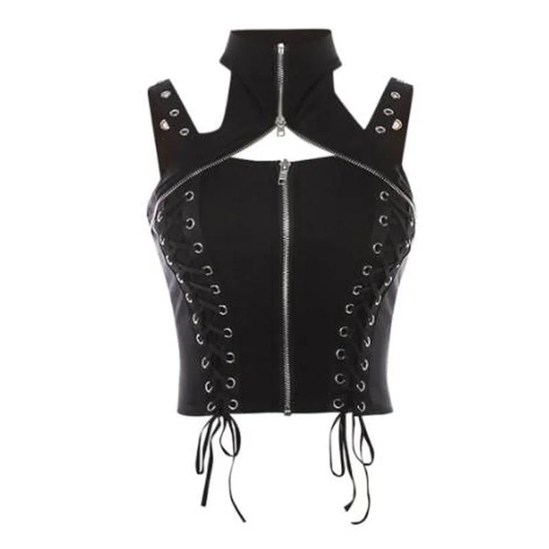 Black Punk Sleeveless Zipper Choker Halter Gothic Tank Bandage Crop