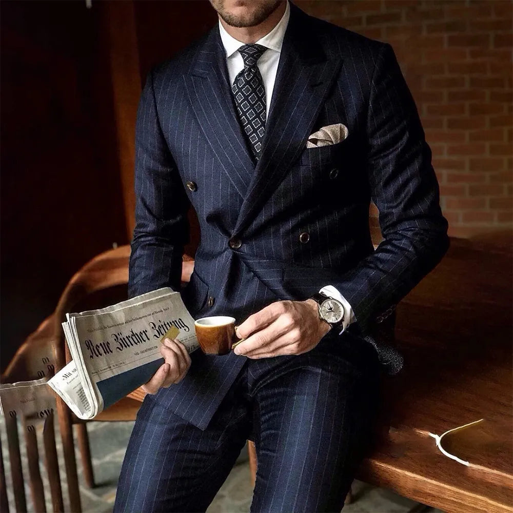 Navy Blue Striped Men Suits Fashion Peak Lapel Double Breasted Male