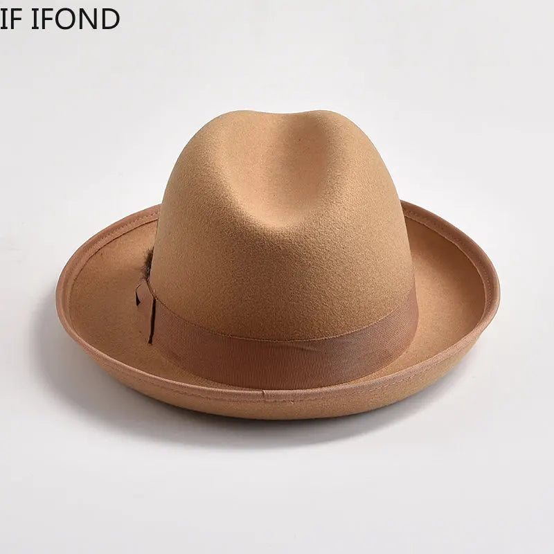 New British Style Wool Felt Fedora Hats for Men Roll Up Brim Homburg