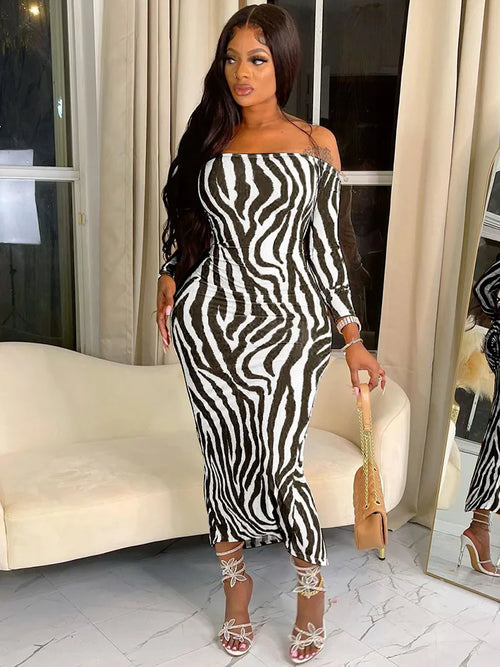 Hugcitar Striped Print Slash Neck Long Sleeve Backless Ruched Sexy