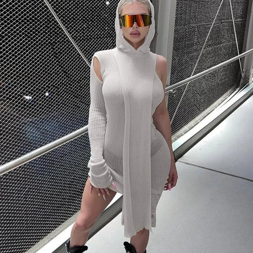 Simenual One Sleeve Knit Asymmetric Midi Dresses Skinny Ribbed Hooded