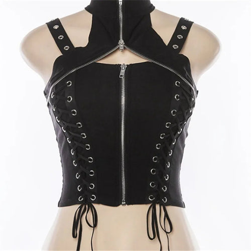 Black Punk Sleeveless Zipper Choker Halter Gothic Tank Bandage Crop