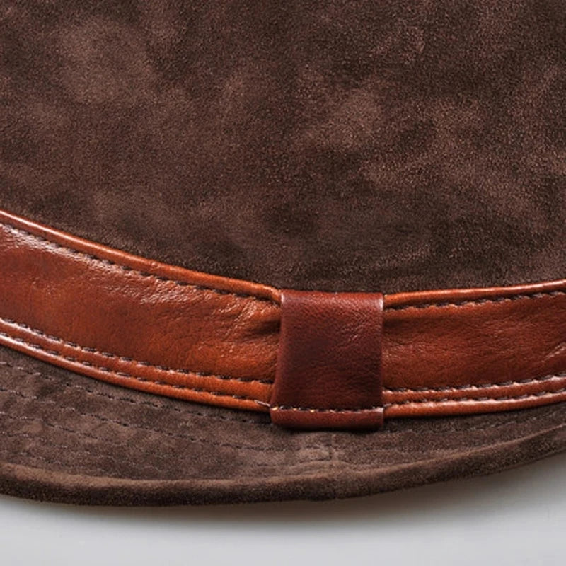 Men Genuine Leather Suede Cow Skin Nubuck Brown Fedoras Hats