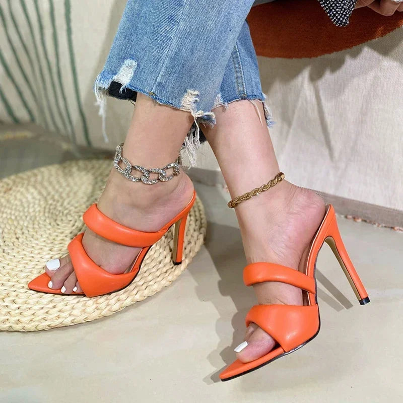 Sexy Pointed Toe One Strap Gold Plated Heeled Slippers Women