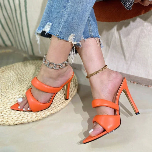 Sexy Pointed Toe One Strap Gold Plated Heeled Slippers Women