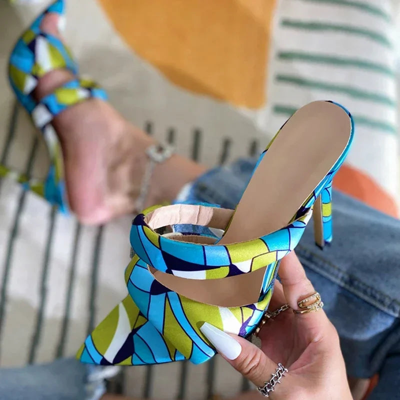 Sexy Pointed Toe One Strap Gold Plated Heeled Slippers Women