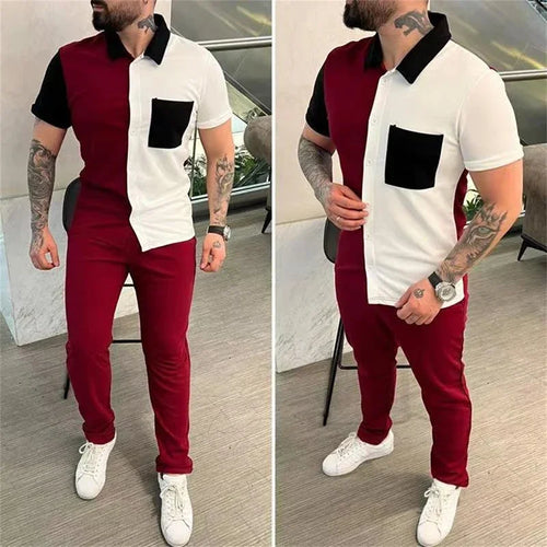 Sports Two Piece Set Mens Outfits Fashion Patchwork Shirt and Pants